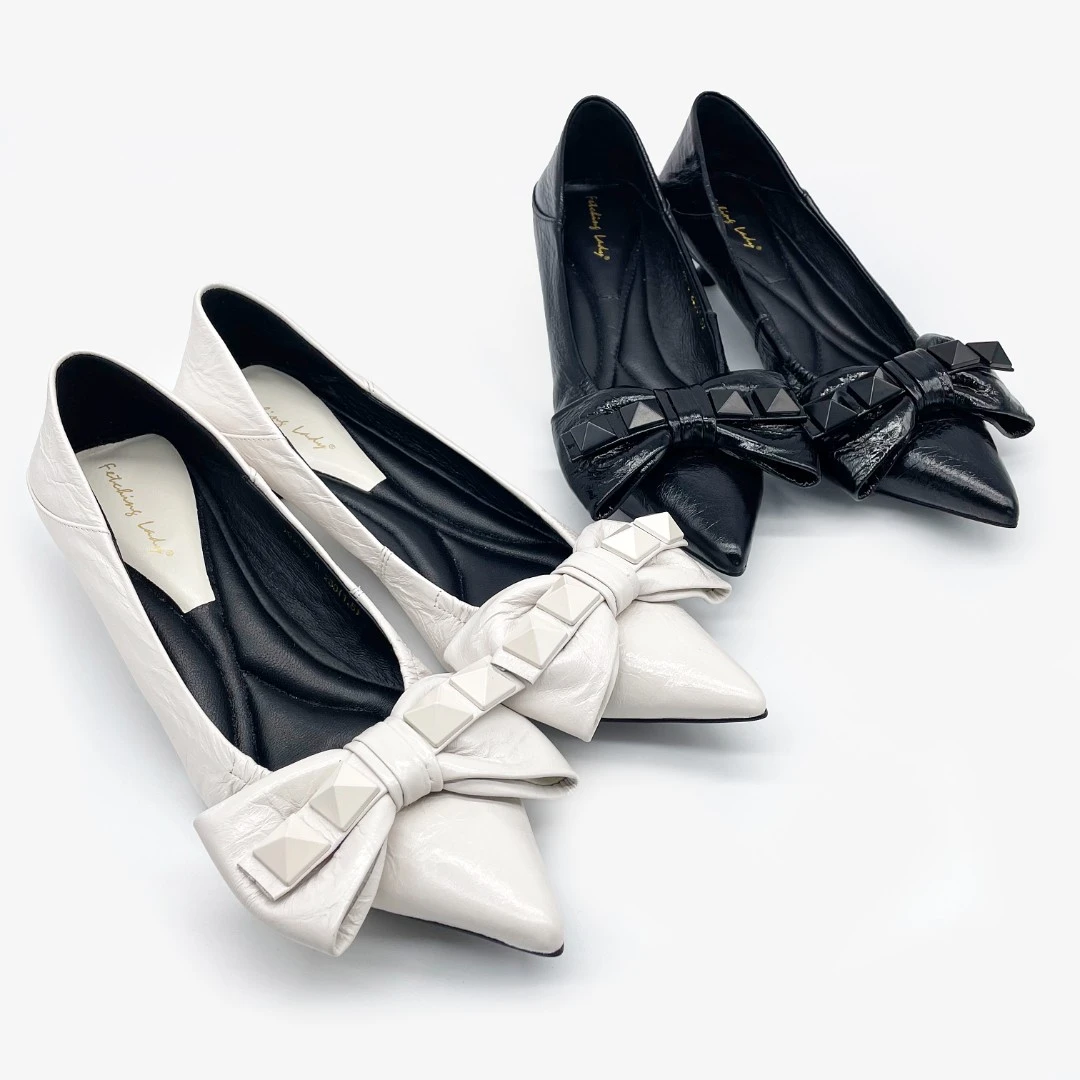 【现货】高级感黑色百搭真皮名媛尖头软底猫跟蝴蝶结气质2337-9