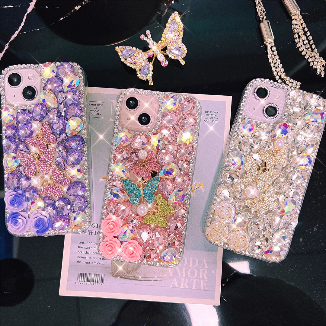 【苹果/华为/OPPO/VIVO/小米】手工DIY轻奢镶满钻蝴蝶玫瑰花手机壳
