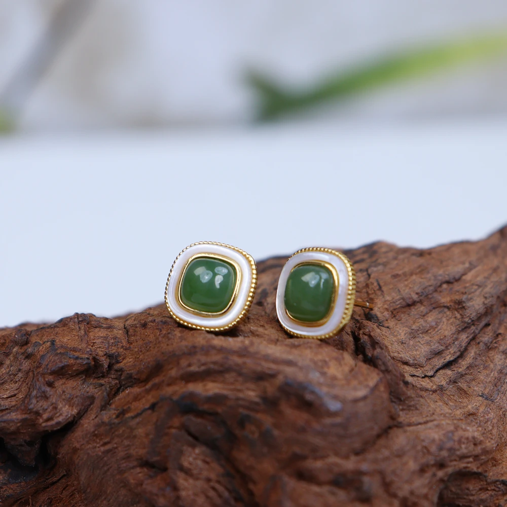 和田玉碧玉耳饰·白贝母方形耳钉·S925银镶·SHT6708