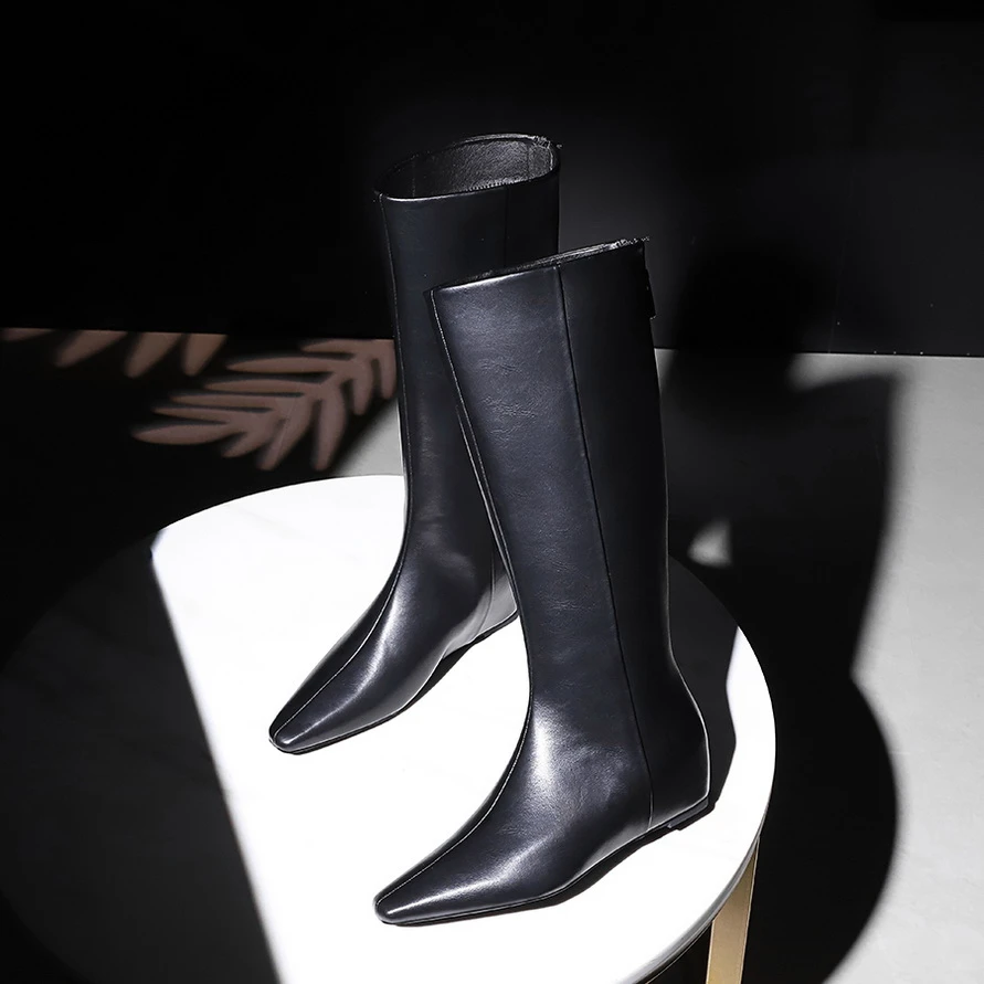秋冬时尚真皮尖头黑色骑士靴冬季百搭内增高长筒靴英伦风平底女靴