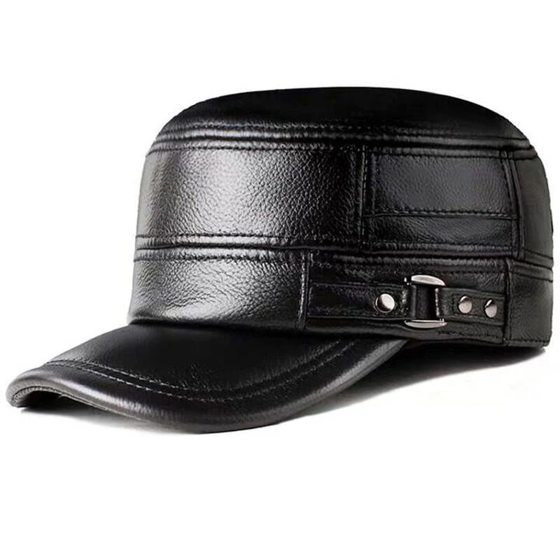 牛皮帽子男秋冬季真皮帽子护耳鸭舌帽平顶军帽中老年保暖加厚棉帽