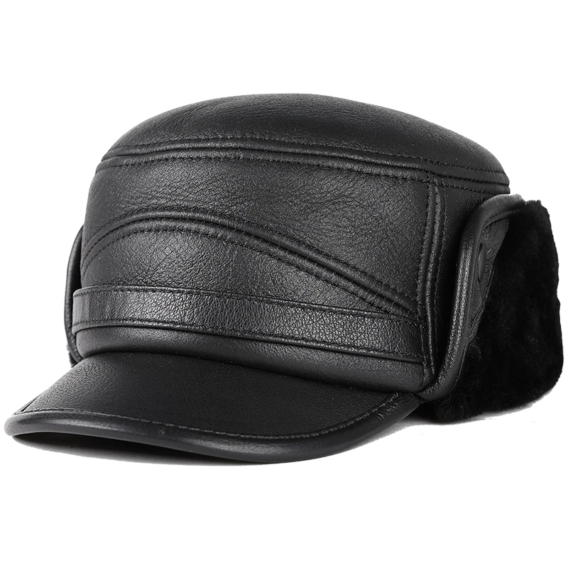 中老年真皮帽子男士羊皮毛一体护耳雷锋帽秋冬季防寒保暖平顶棉帽