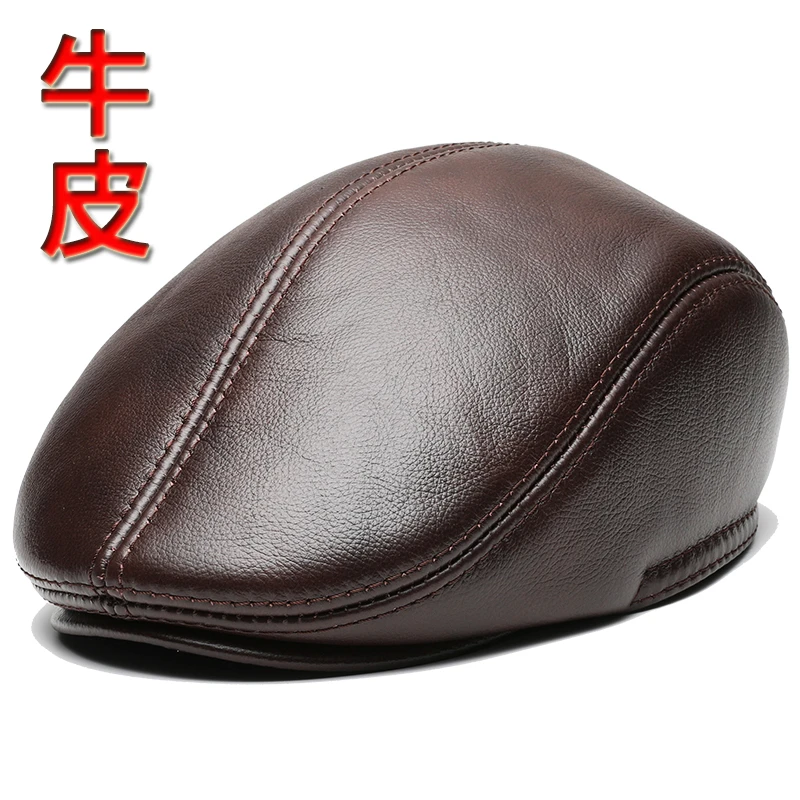 真皮帽子男士时尚韩版鸭舌帽牛皮前进帽秋冬季中老年护耳贝雷棉帽