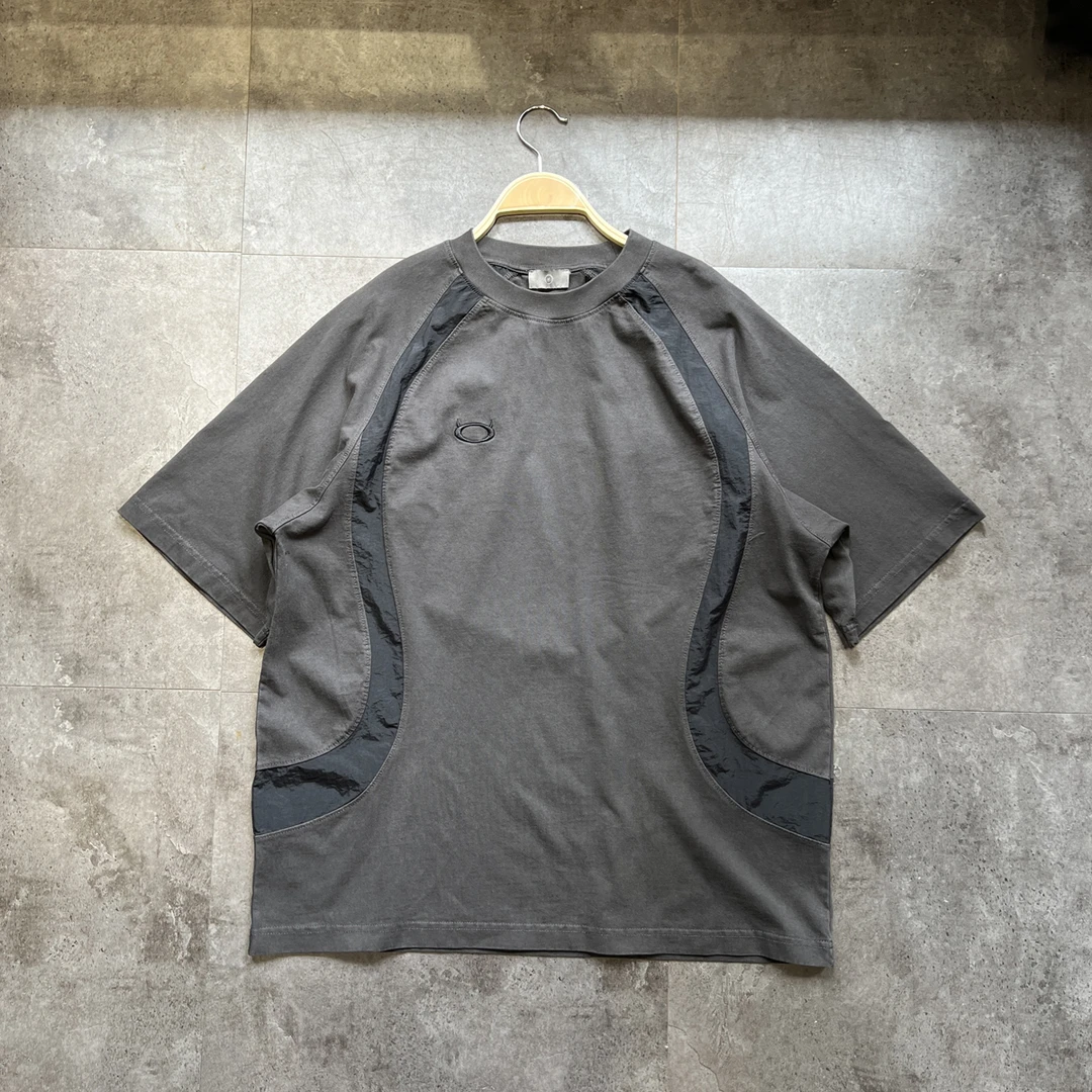 2024美式重磅小领口刺绣logo插肩拼色废土t宽松男女短袖T恤高街潮