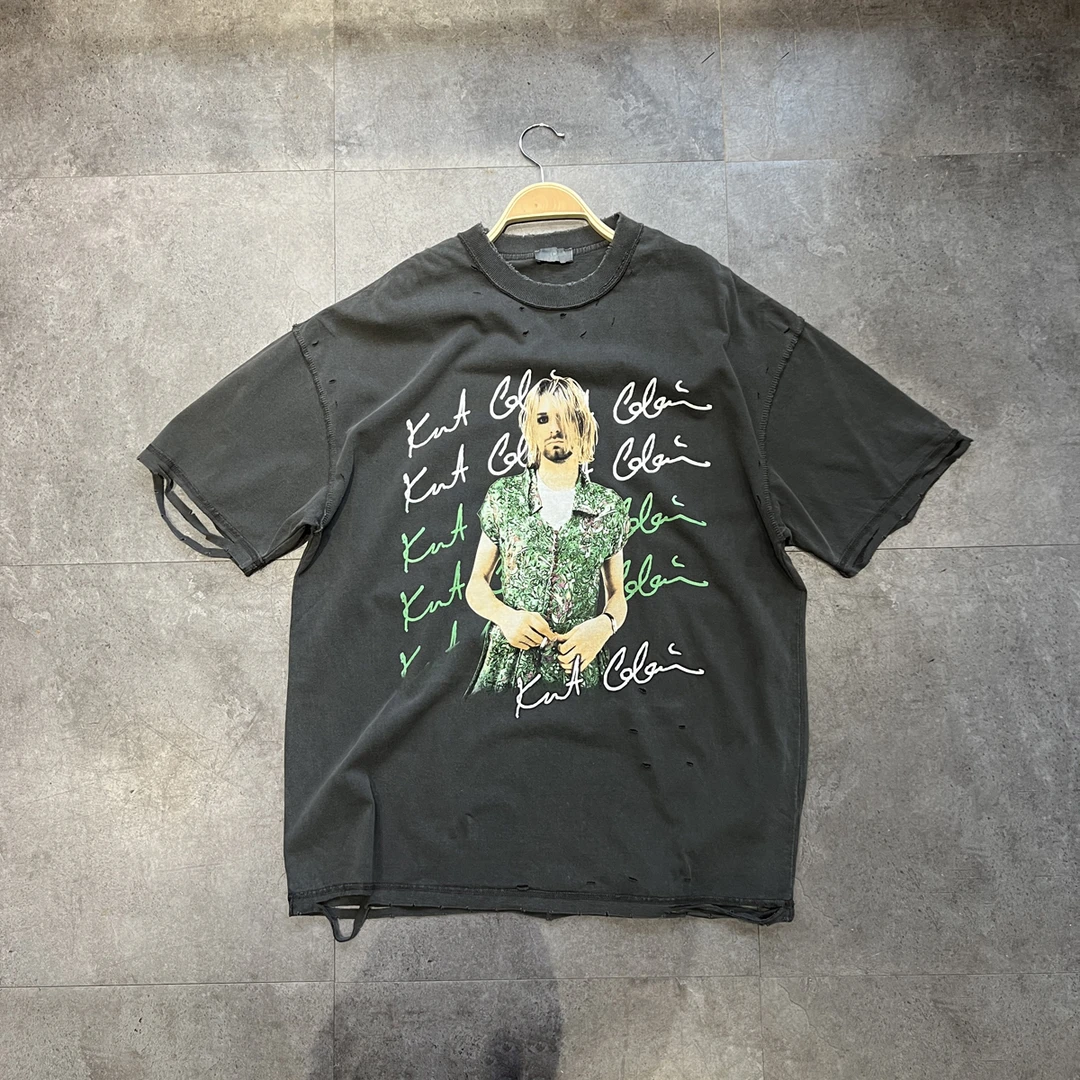 高街嘻哈300g重磅小领口洗水烂边美式T恤短袖男女宽松体恤恶搞潮