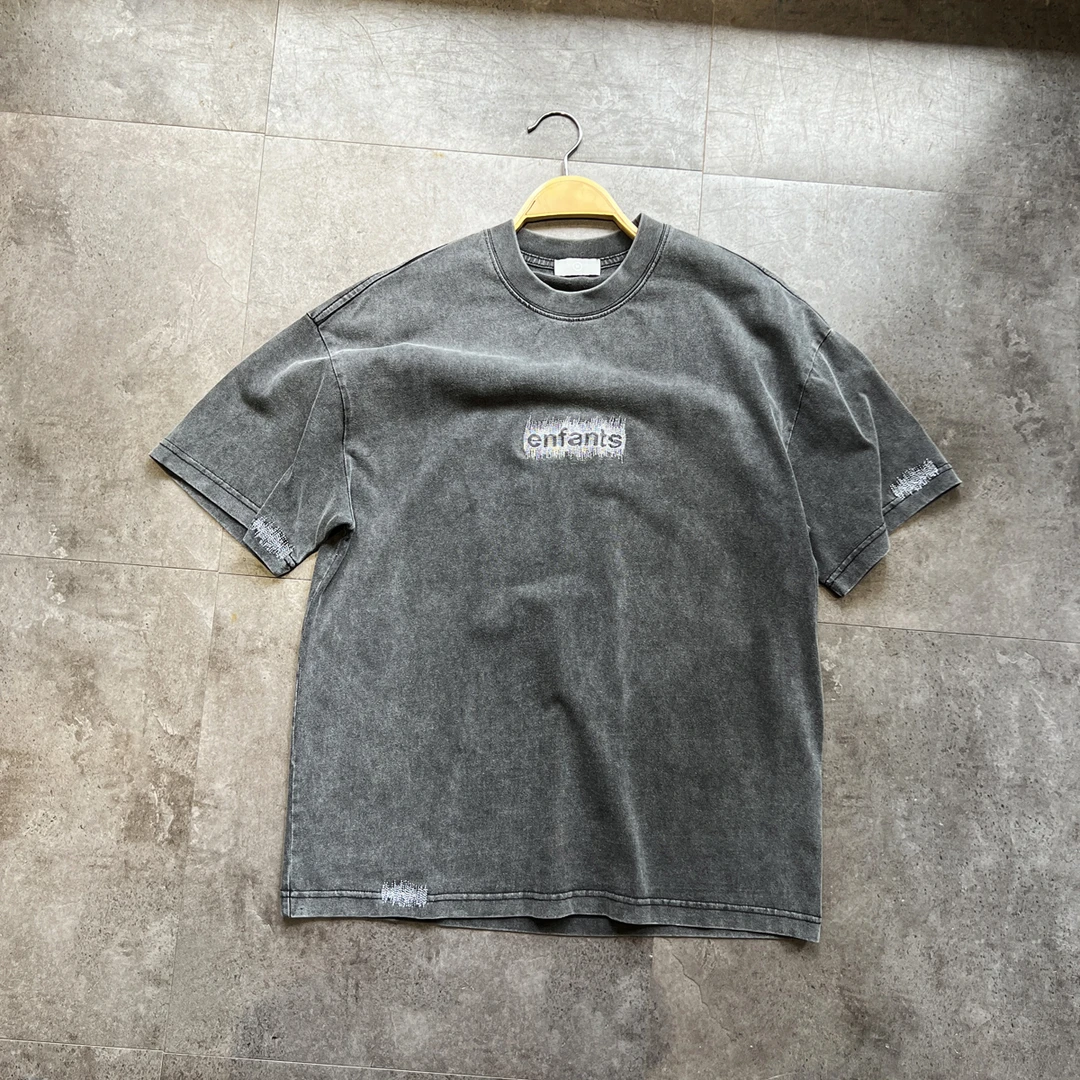 2024美式280g重磅小领口vintage刺绣字母古着宽松男女短袖T恤日系