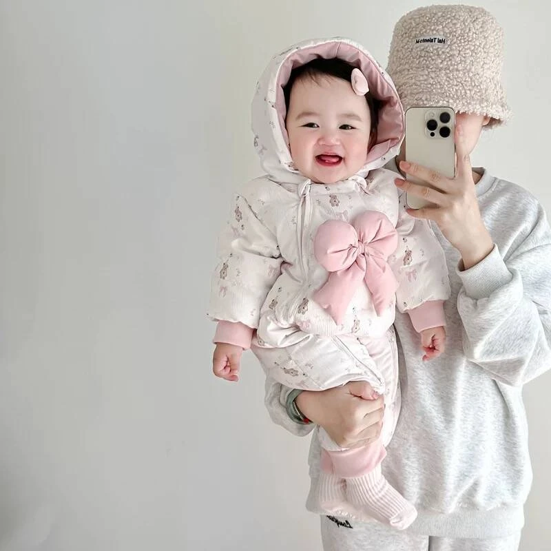 冬款新生儿婴儿宝宝婴幼儿碎花蝴蝶结双拉链白鸭绒羽绒服6002