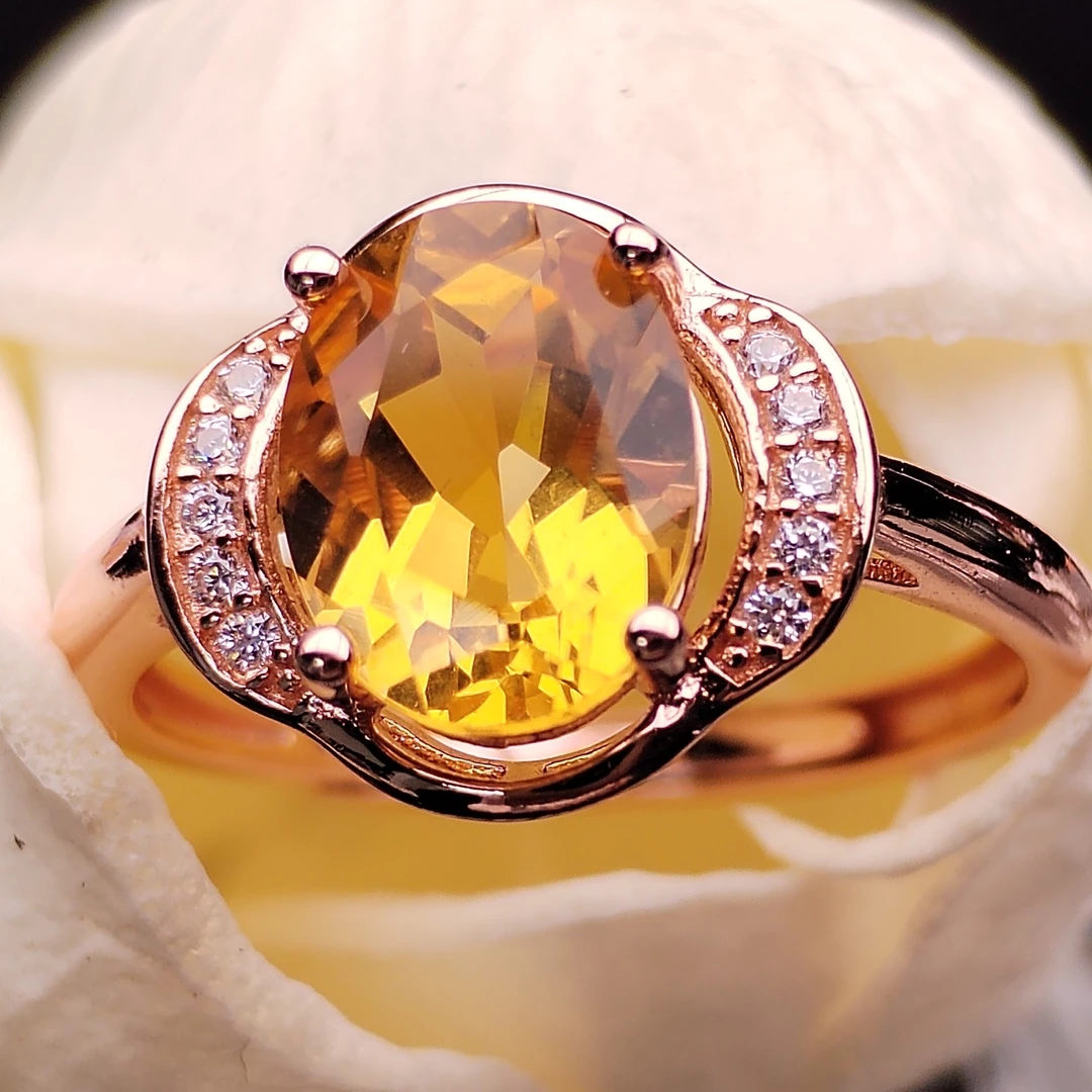 天然暴力黄水晶戒指经典时尚气质优雅简约大方S925银镀玫瑰金镶嵌