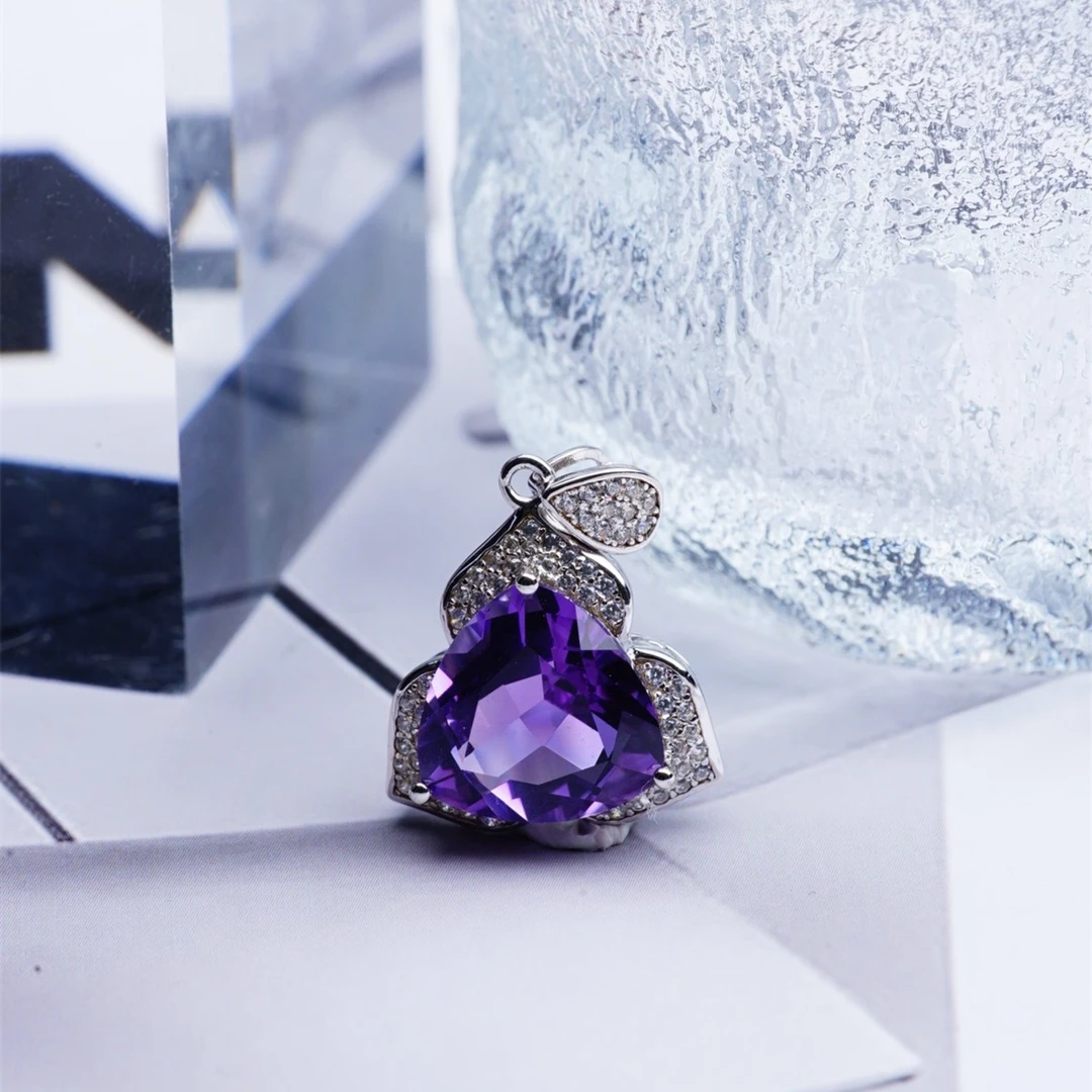 三叶花设计款天然紫水晶吊坠精致时尚气质百搭满钻轻奢s925银镀金