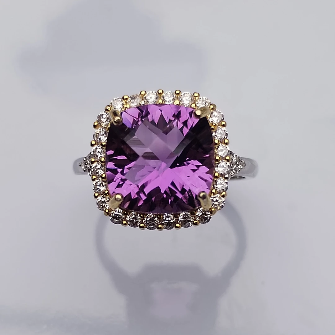 精致气质轻奢时尚百搭经典天然紫水晶s925银镀金镶嵌戒指高贵精美