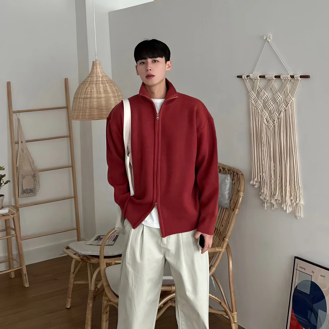 红色立领针织开衫男秋季新款韩版时尚潮流双拉链设计红色开衫男