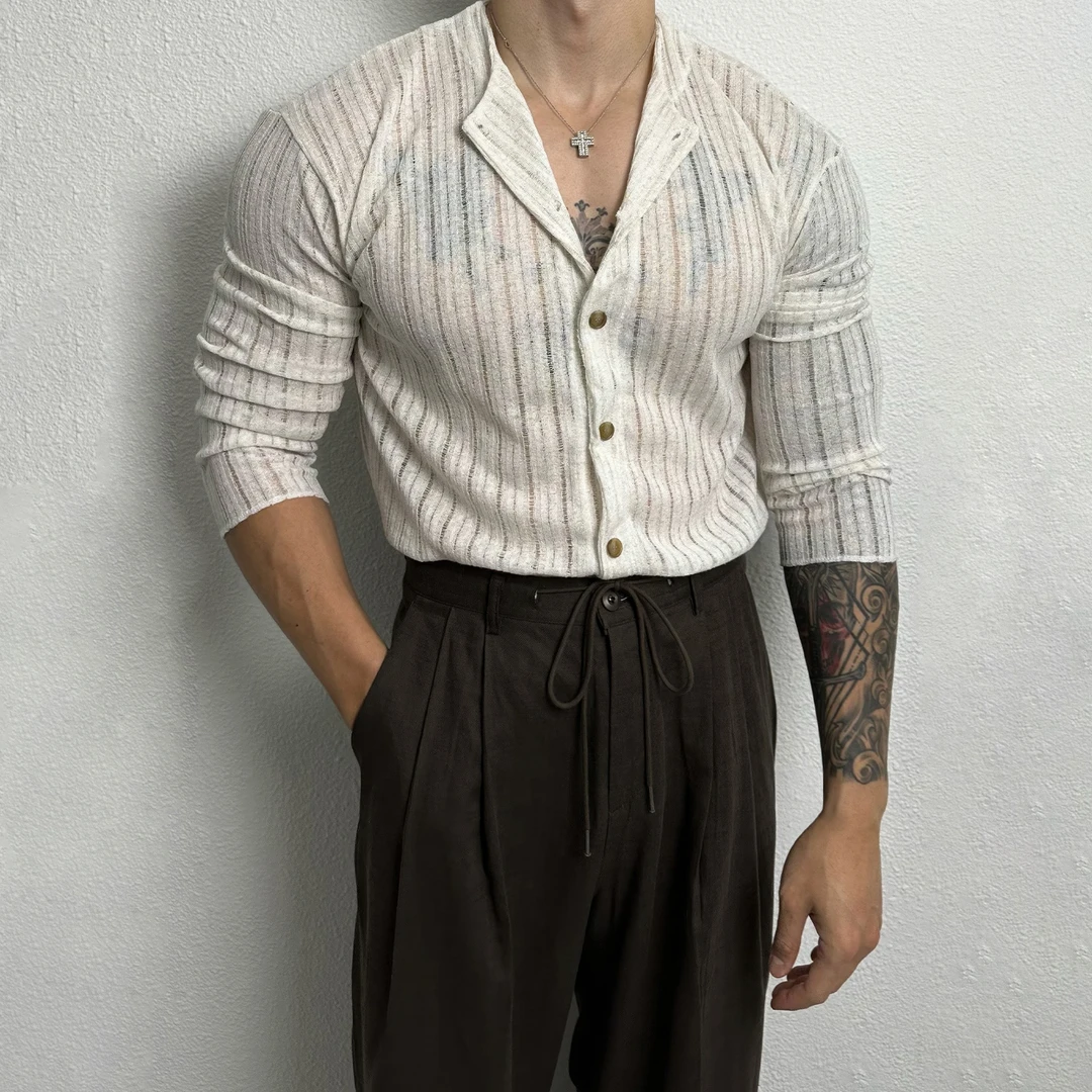 时尚长袖针织开衫男士夏季薄款小众设计感轻奢镂空潮牌痞帅上衣