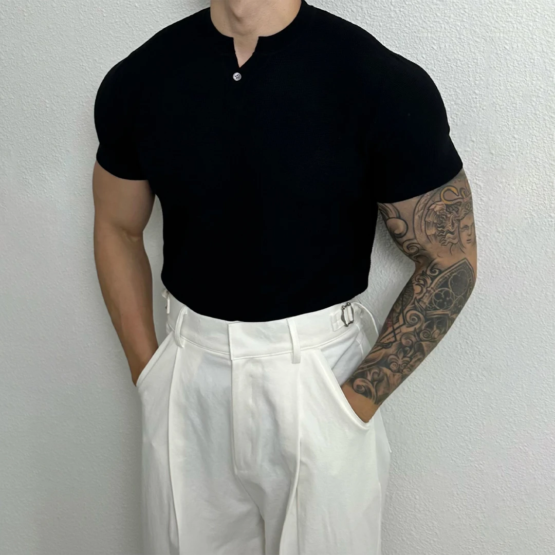 亨利领螺纹修身短袖T恤男士2023新款韩系轻奢简约男款百搭体恤衫