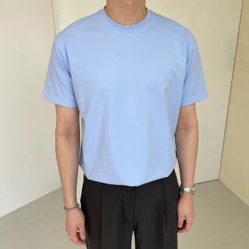 纯色圆领短袖T恤男士夏季韩系潮流高端休闲百搭男款蓝色半袖上衣
