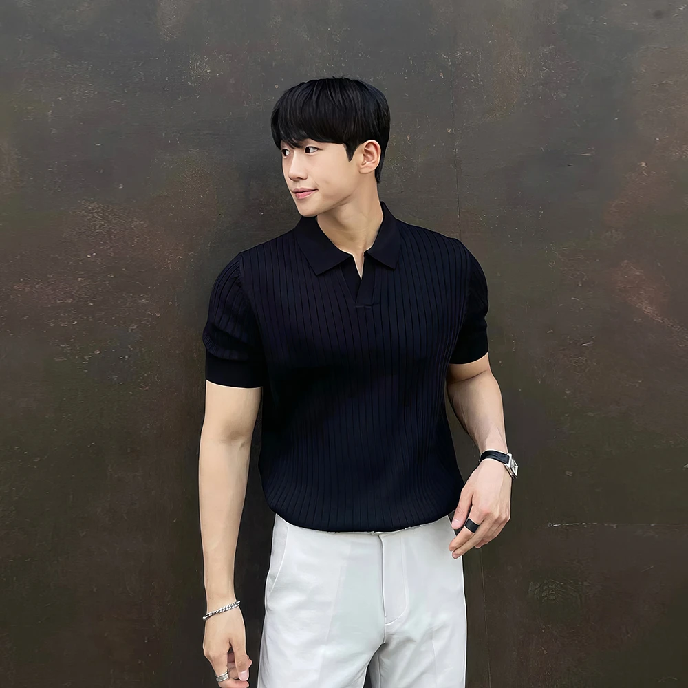 黑色翻领针织polo衫男士短袖夏季薄款韩系商务风轻奢休闲百搭T恤