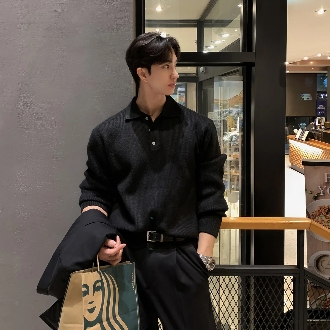 黑色翻领针织衫男款秋冬季潮牌简约百搭痞帅高级感男士polo衫毛衣