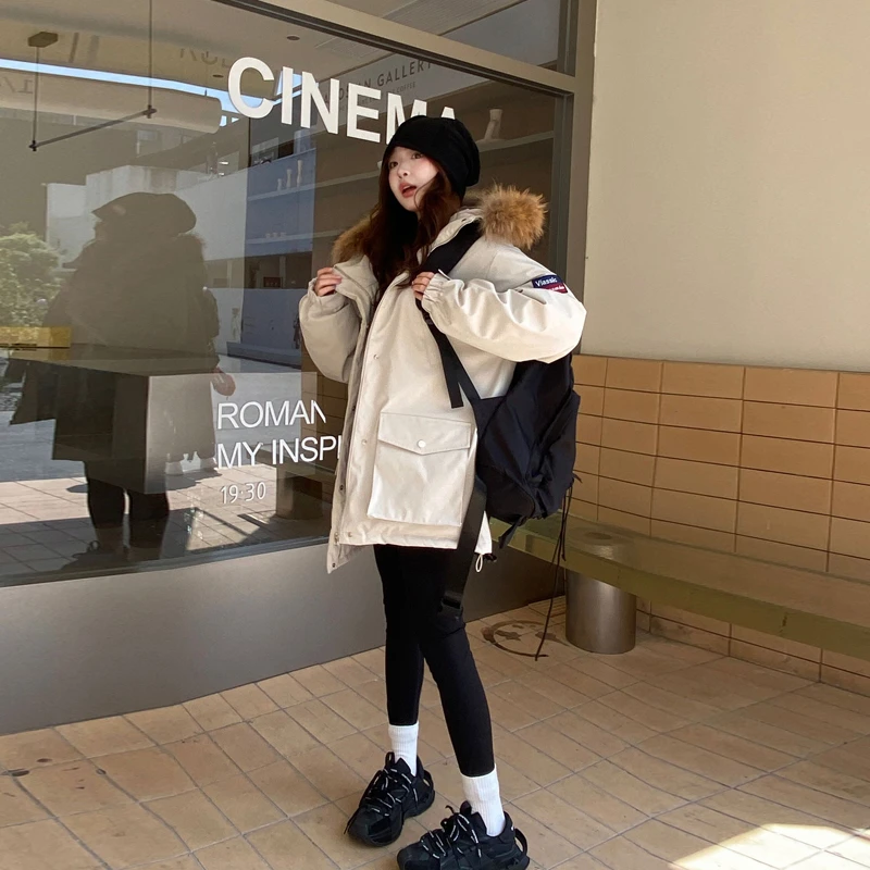 2024冬装新款工装毛领羽绒服连帽外套中长款男女宽松白鸭绒派克服