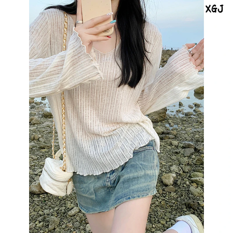 2024夏季休闲风长袖防晒罩衫薄款条纹宽松百搭T恤上衣