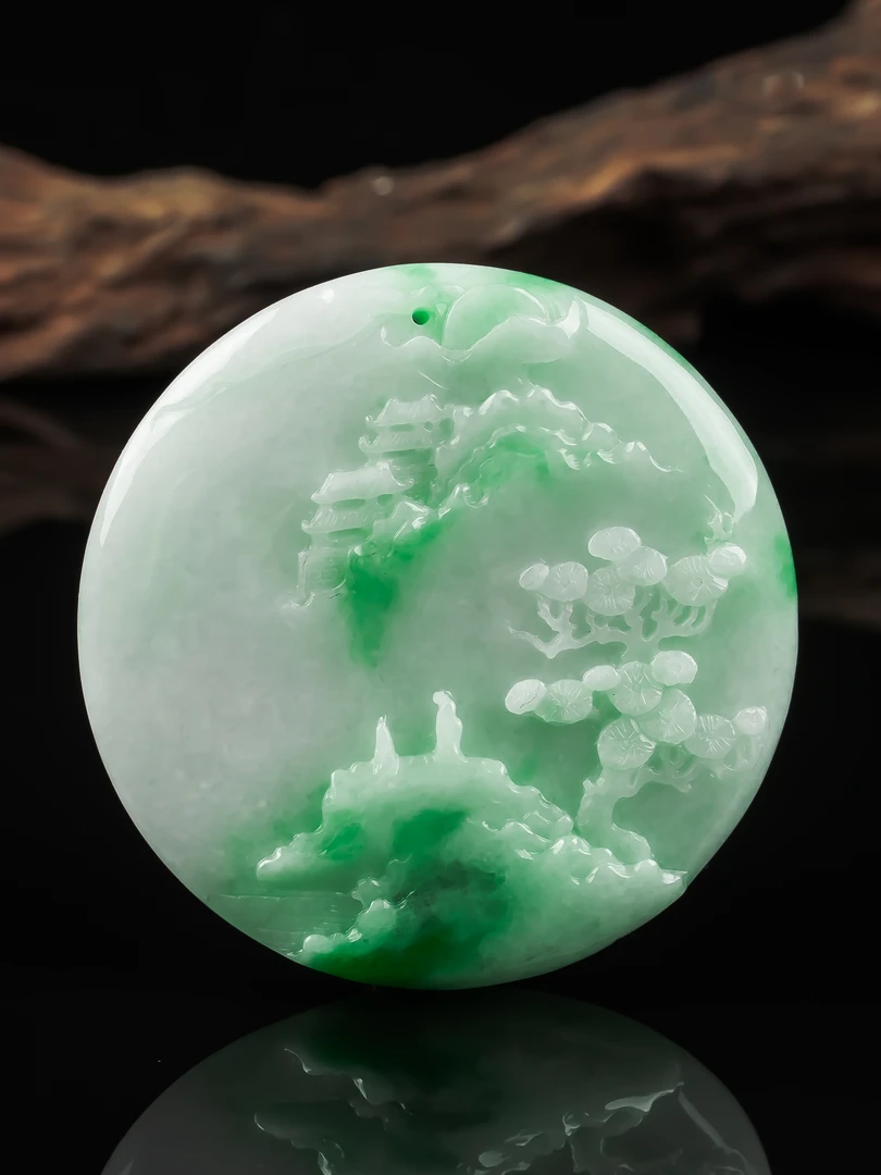 缅甸天然翡翠冰润精雕飘绿翡翠意境山水牌吊坠