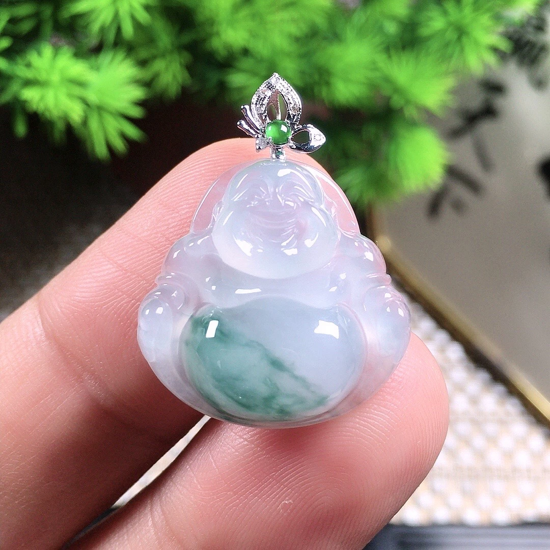 缅甸天然翡翠冰透飘花18k金镶嵌翡翠佛公吊坠尺寸：21.5×22.2×6mm