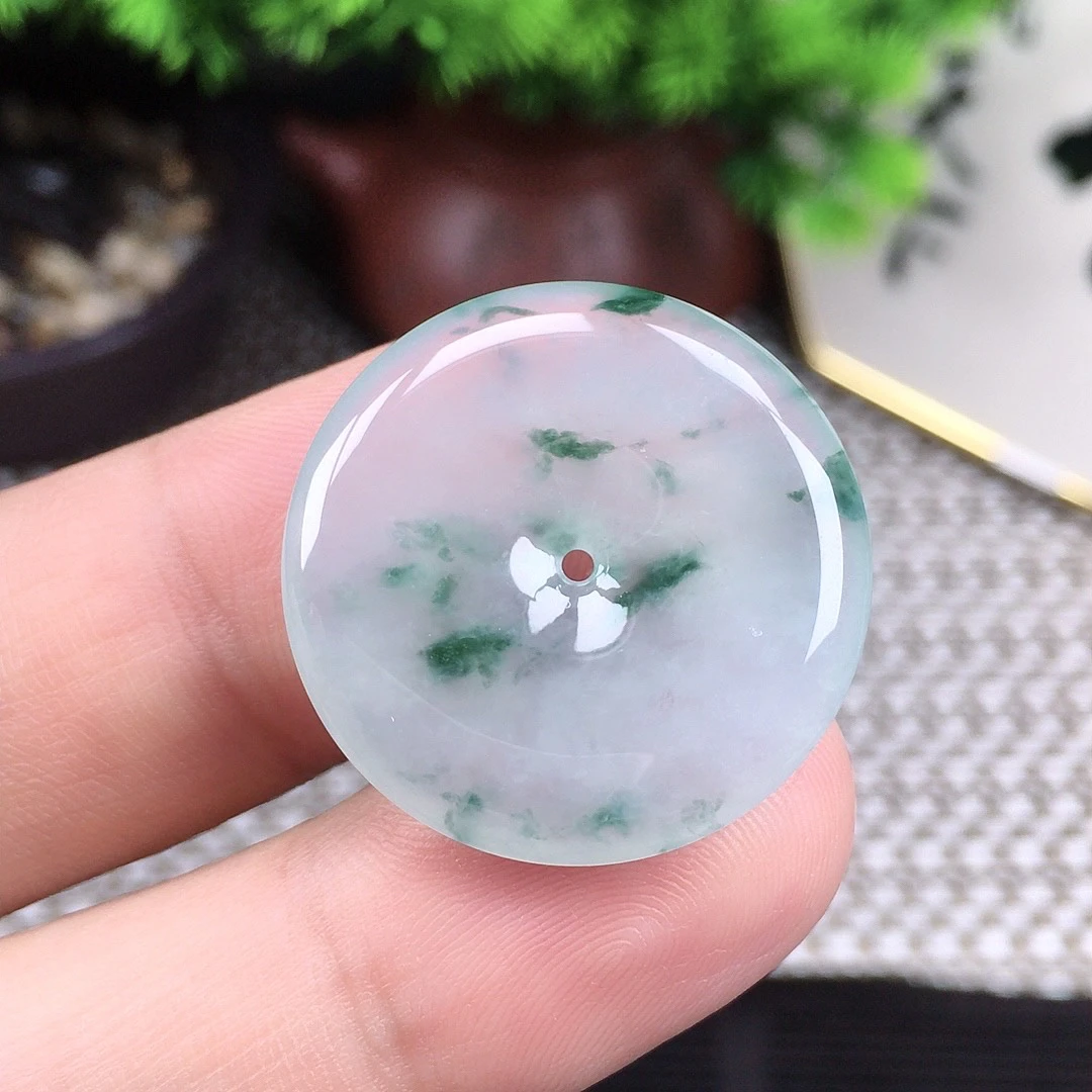 缅甸天然A货翡翠冰种飘花平安扣吊坠尺寸27.1×4.5mm