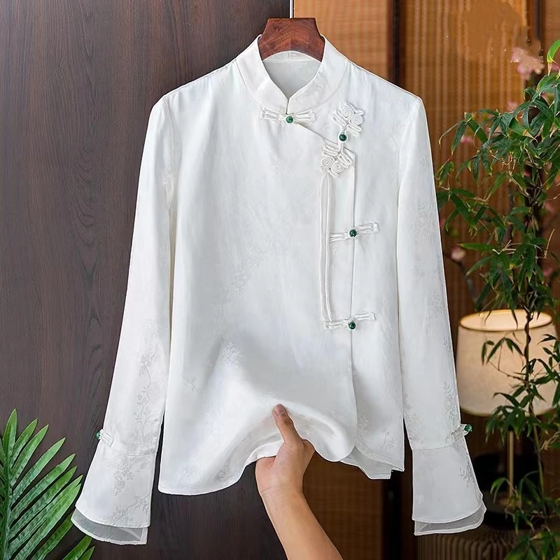复古提花丝衬衫女早秋新款唐装女中国风上衣女中式蚕丝衬衣