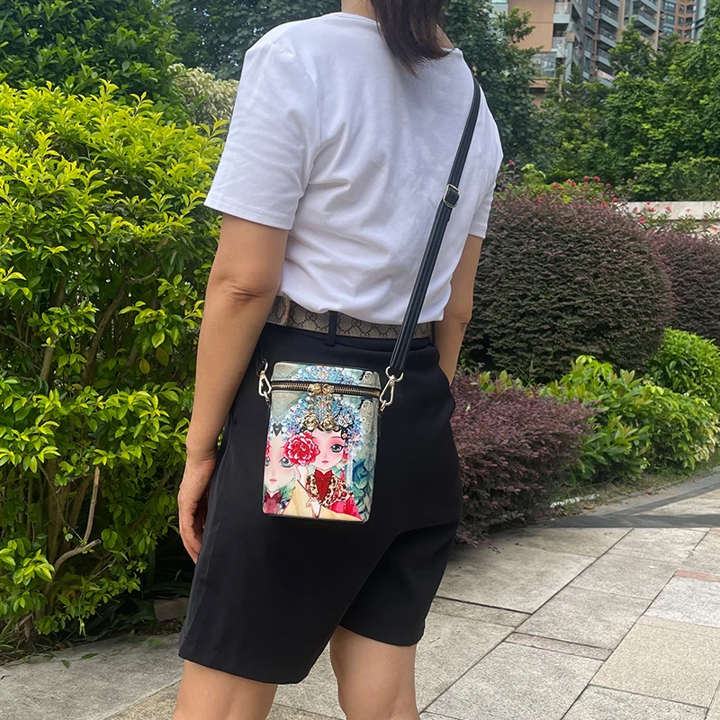 百搭高清印花韩版时尚小桶包竖款人物花鸟动物手机包斜跨单肩小包