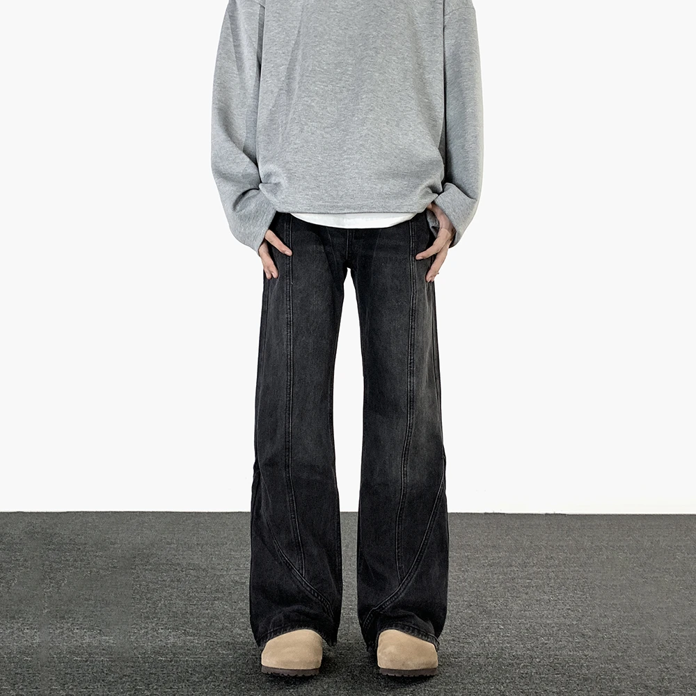美式复古潮牌微喇牛仔裤男秋冬宽松直筒潮流做旧水洗黑灰色长裤