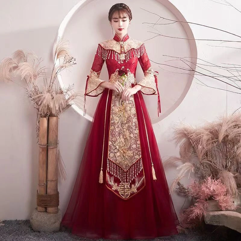 孕妇敬酒服新娘高腰遮肚子大码胖mm红色中式秀禾服嫁衣结婚礼服裙