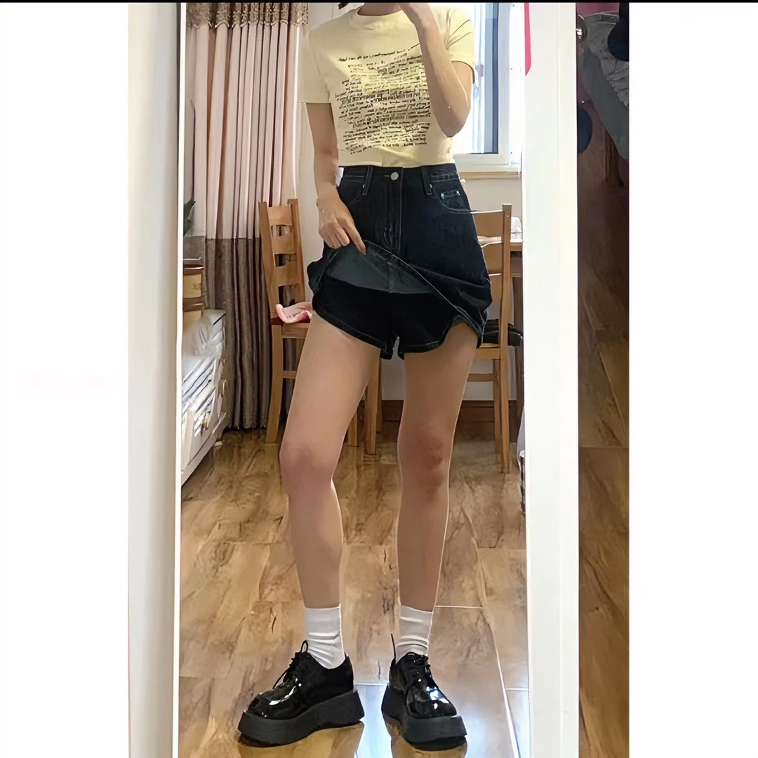 深蓝色牛仔短裙女夏季薄款高腰宽松大码胖mm显瘦包臀a字半身裙子
