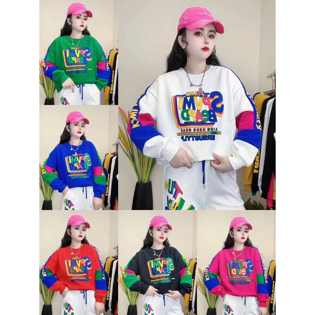 秋冬新款休闲宽松拼接拼色时尚潮流印花长袖圆领女款卫衣8807