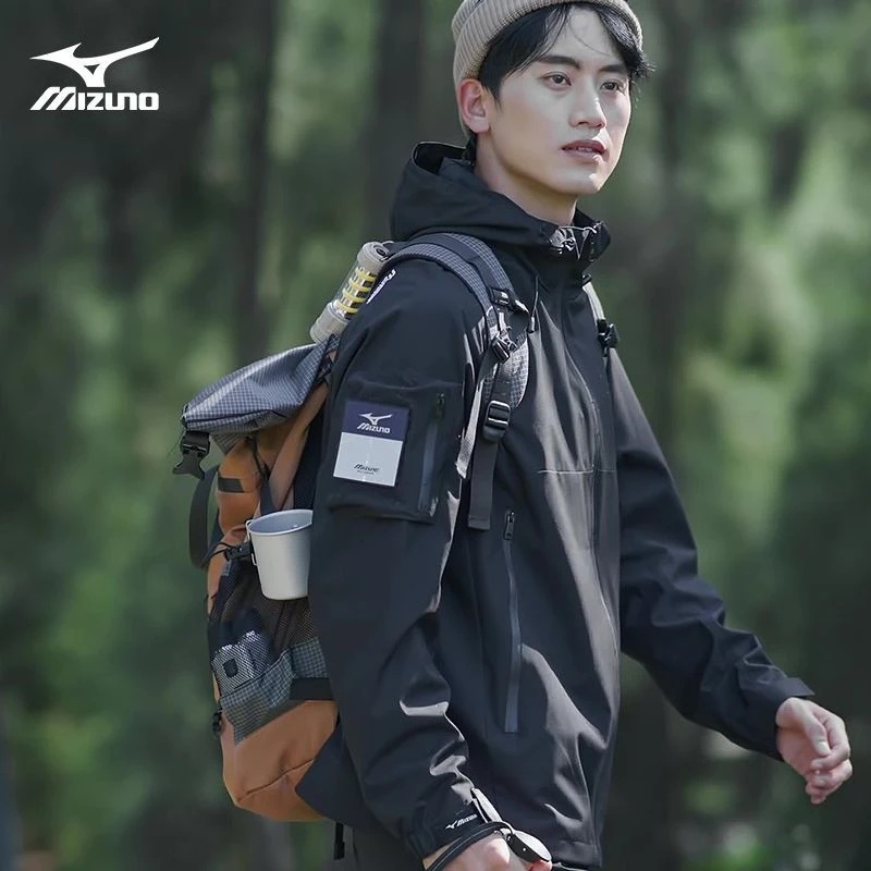 Mizuno/美津浓户外夹克男款春秋休闲宽松连帽防风登山服男士外套