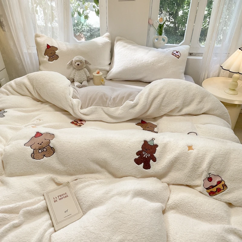 懂生活 可爱少女心绵羊绒牛奶绒被套四件套双面绒床上用品冬季