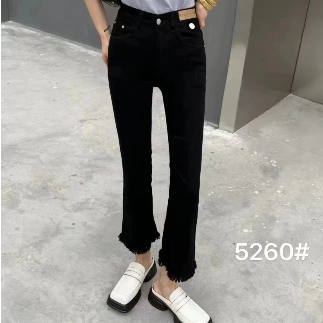 微喇裤黑色高腰九分牛仔裤夏季薄款