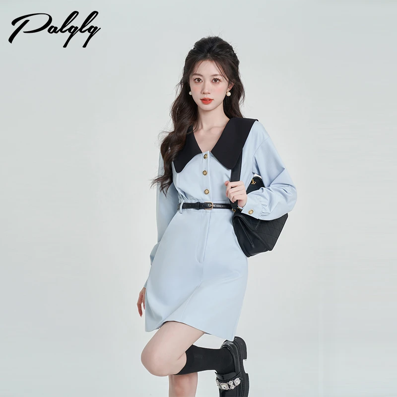 Palglg学院风蓝色娃娃领连衣裙女长袖秋冬收腰a字裙-33PDA41213