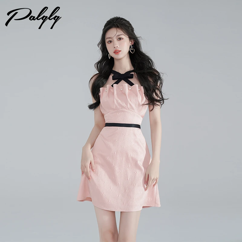 【palglg】粉色甜美无袖挂脖连衣裙收腰吊带a字裙短裙-32PDA40950