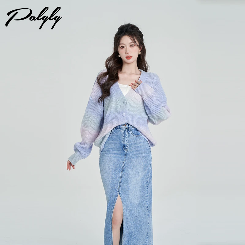 【palglg】渐变慵懒风开衫毛衣女秋冬宽松显瘦针织上衣-33PTG41404