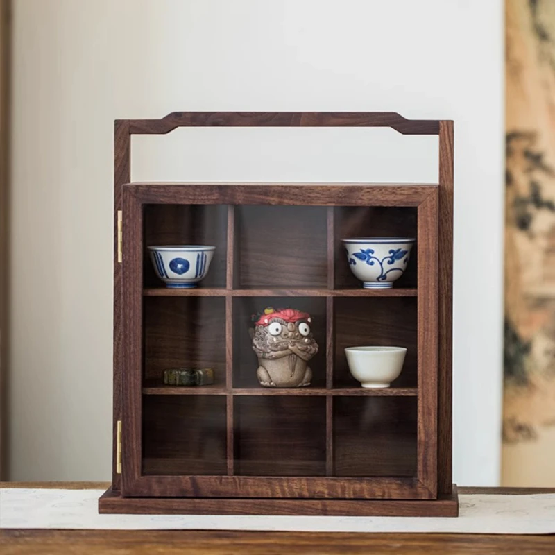 【直播间专享价】北美黑胡桃木提梁九宫多宝阁新中式便携文玩收纳盒