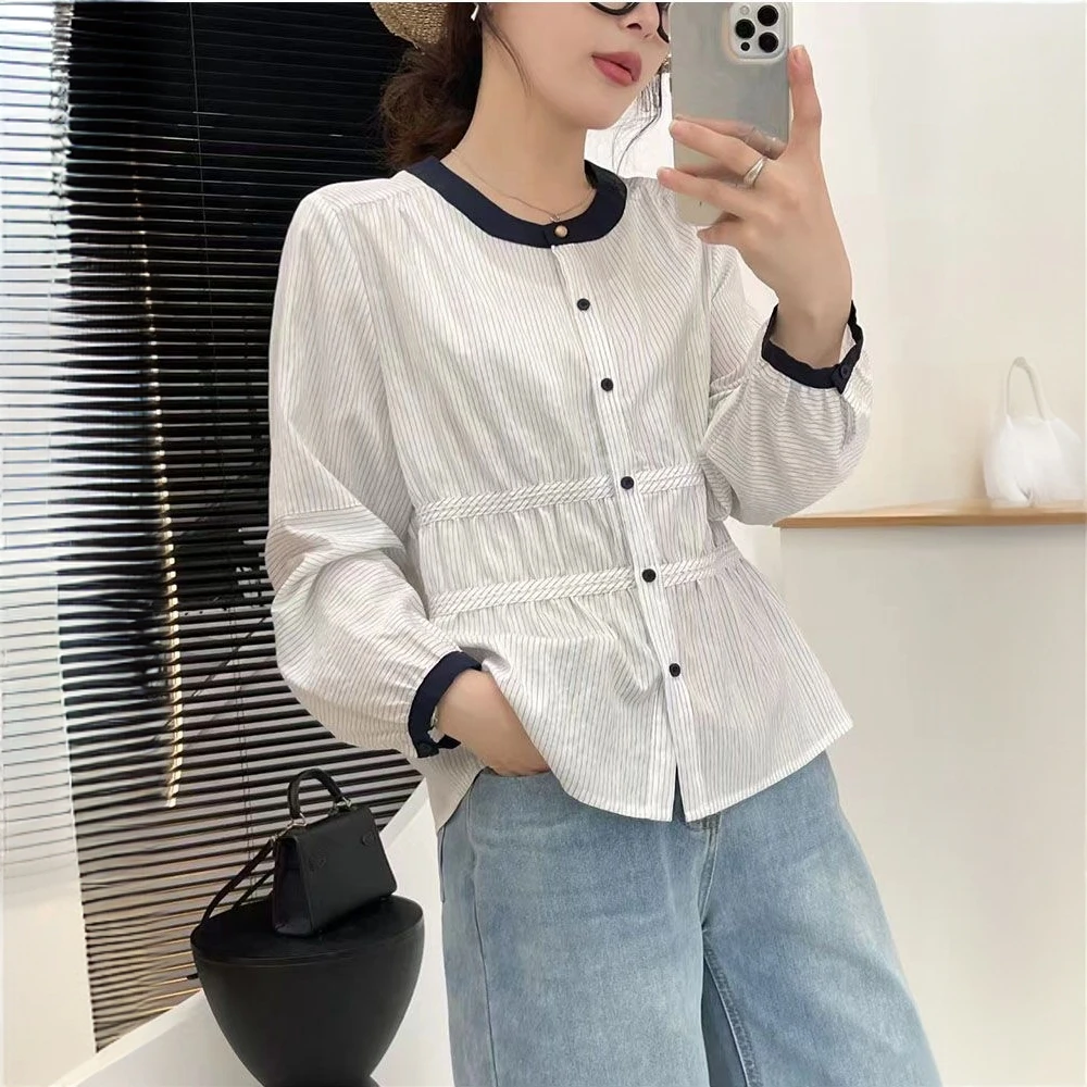 条纹衬衫女2024早秋新款长袖休闲显瘦收腰小衫撞色减龄气质上衣女