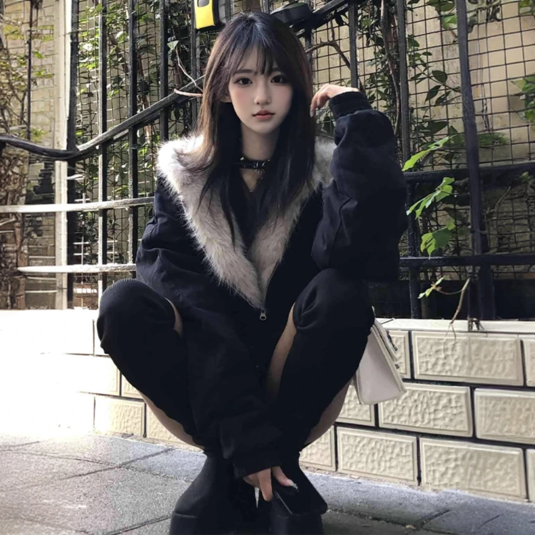 韩系复古小个子黑色牛仔棉衣外套女2024冬季新款毛茸茸外穿棉袄潮