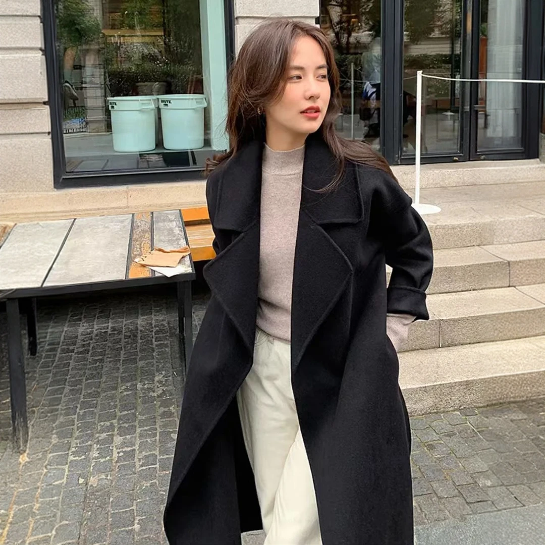 MANNO DANY/曼诺丹尼双面呢大衣女中长款纯羊毛宽松黑色外套2032