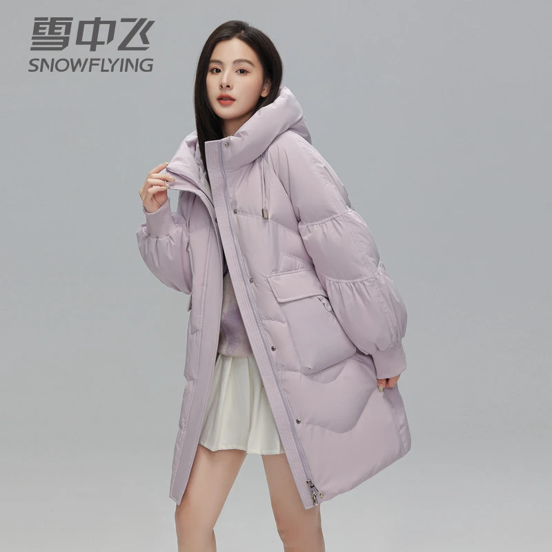 雪中飞羽绒服女加厚2025冬季中长款面包服时尚紫色宽松冬季外套F