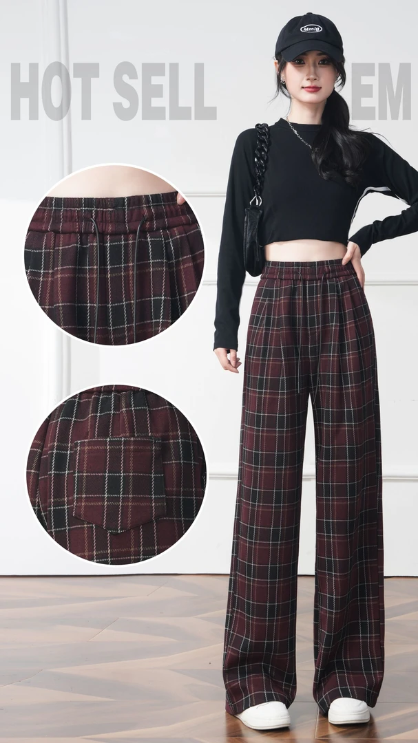 2316#【长101】2024新款时尚气质松紧磨毛格子休闲裤