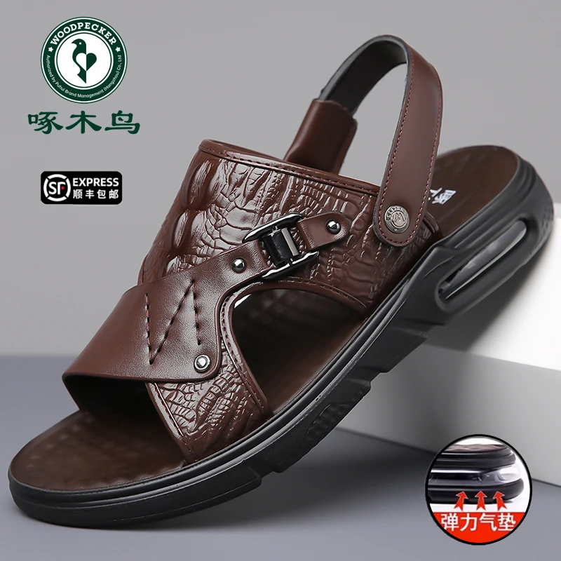 啄木鸟鳄鱼纹凉鞋男夏季新款休闲外穿沙滩鞋气垫底两用凉拖鞋男潮