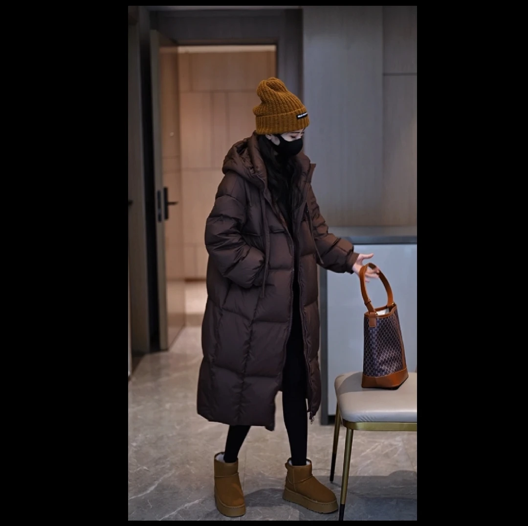 2024新款韩版羽绒服时尚百搭长款连帽飘带女装白鸭绒外套2306