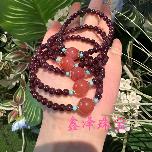 酒红石榴石手链玛瑙转运珠女人石轻奢精致送礼物