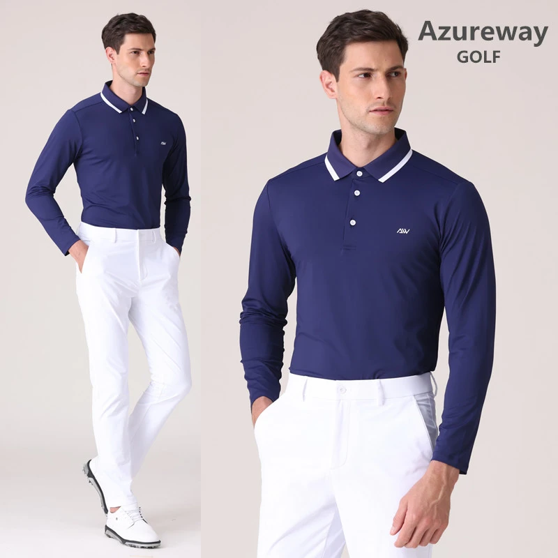 Azureway高尔夫男装长袖新款透气速干弹力螺纹领T恤衫GOLF球上衣