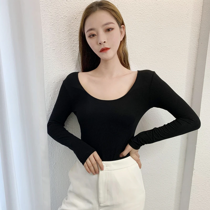 春秋莫代尔超薄打底衣女士上衣长袖低领超大领口打底衫T恤秋衣