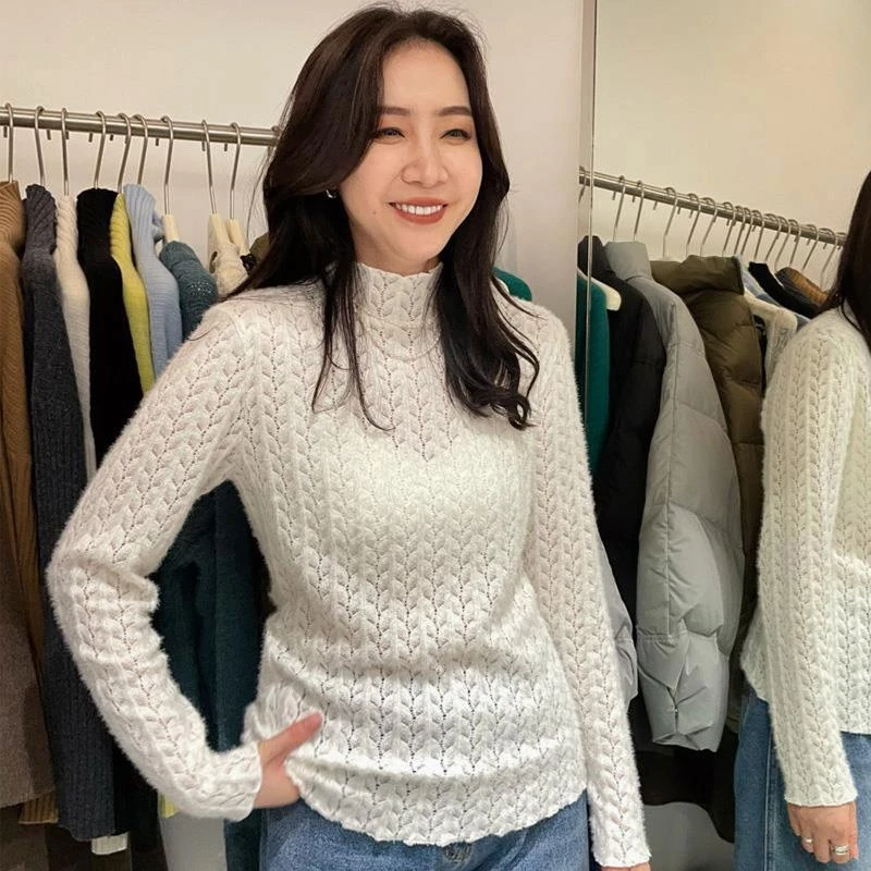 磨毛蕾丝打底衫女内搭秋冬季洋气镂空半高领网纱长袖小衫别致上衣