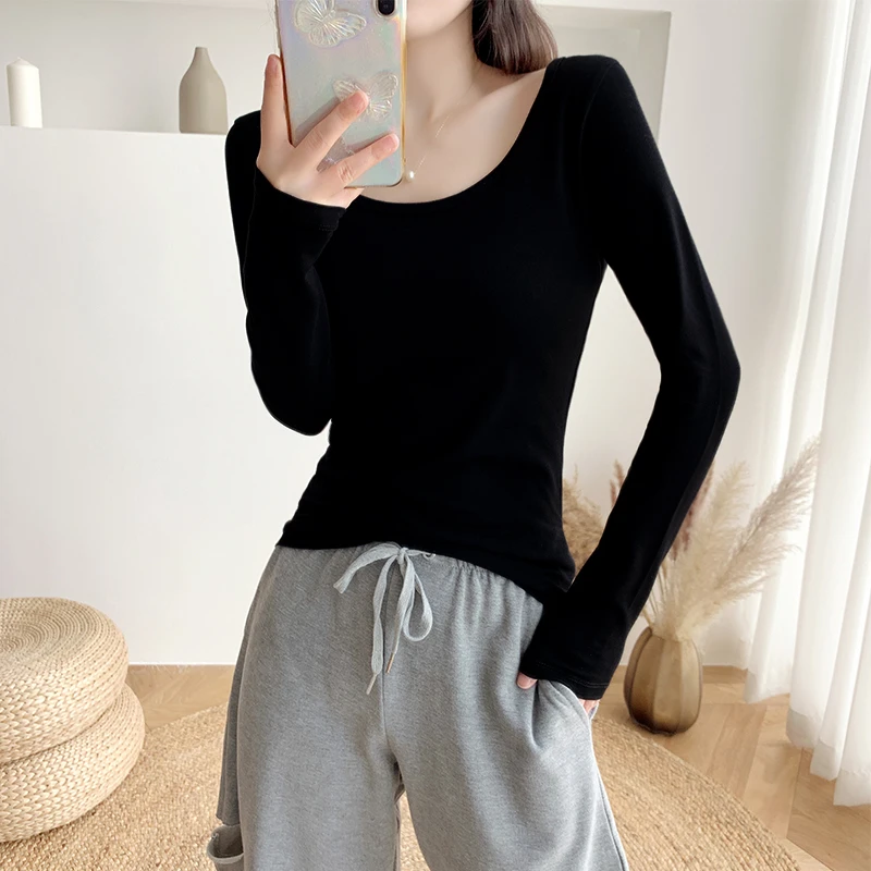 黑色打底衫女秋冬内搭2023秋冬新款低领莫代尔u领紧身上衣